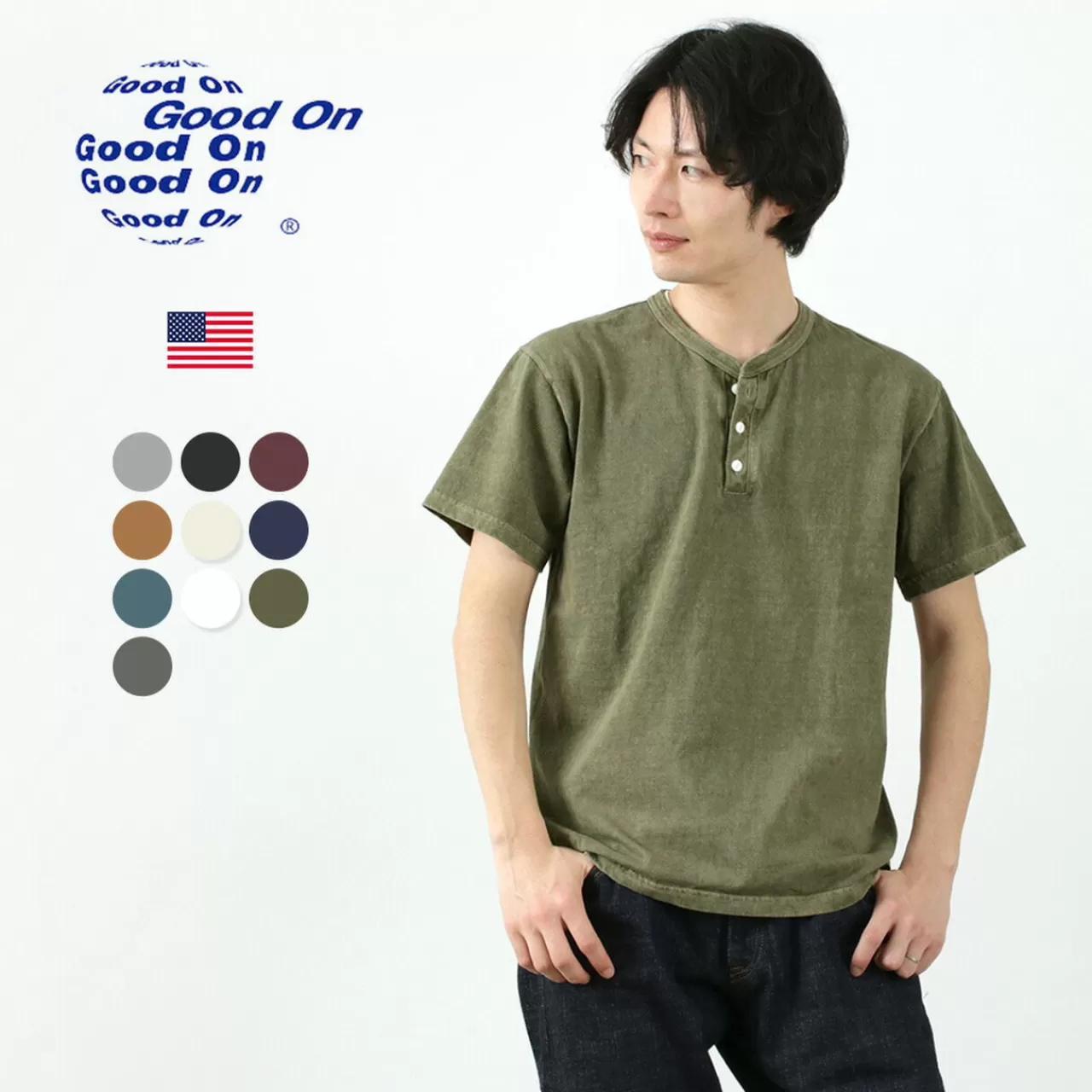 GOOD ON Short Sleeves>Colour Special Order Short Sleeve Henley Neck T-Shirt