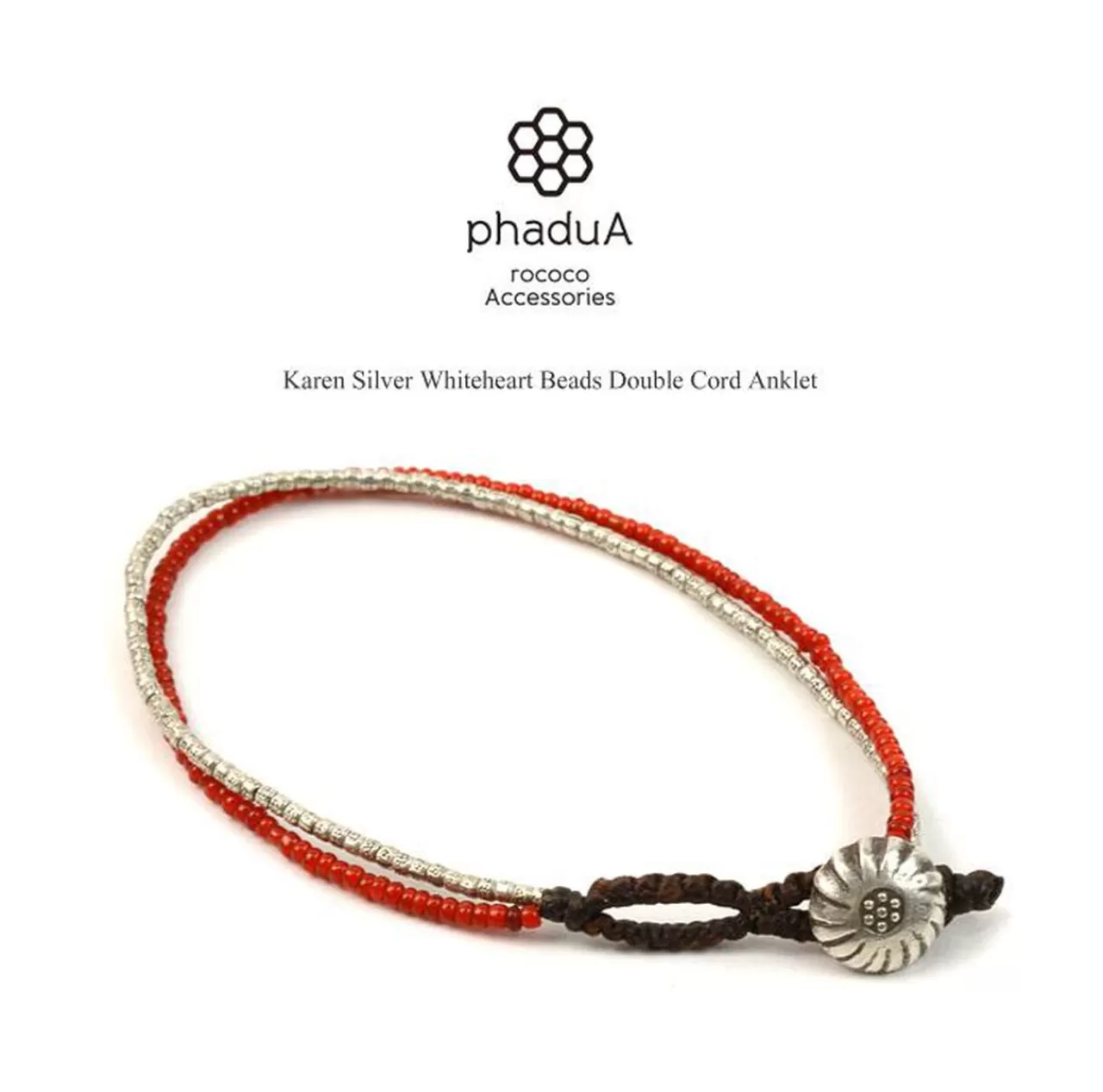 PHADUA Anklets>Karen Silver Beads White Heart Double Cord Anklet Silver_Red