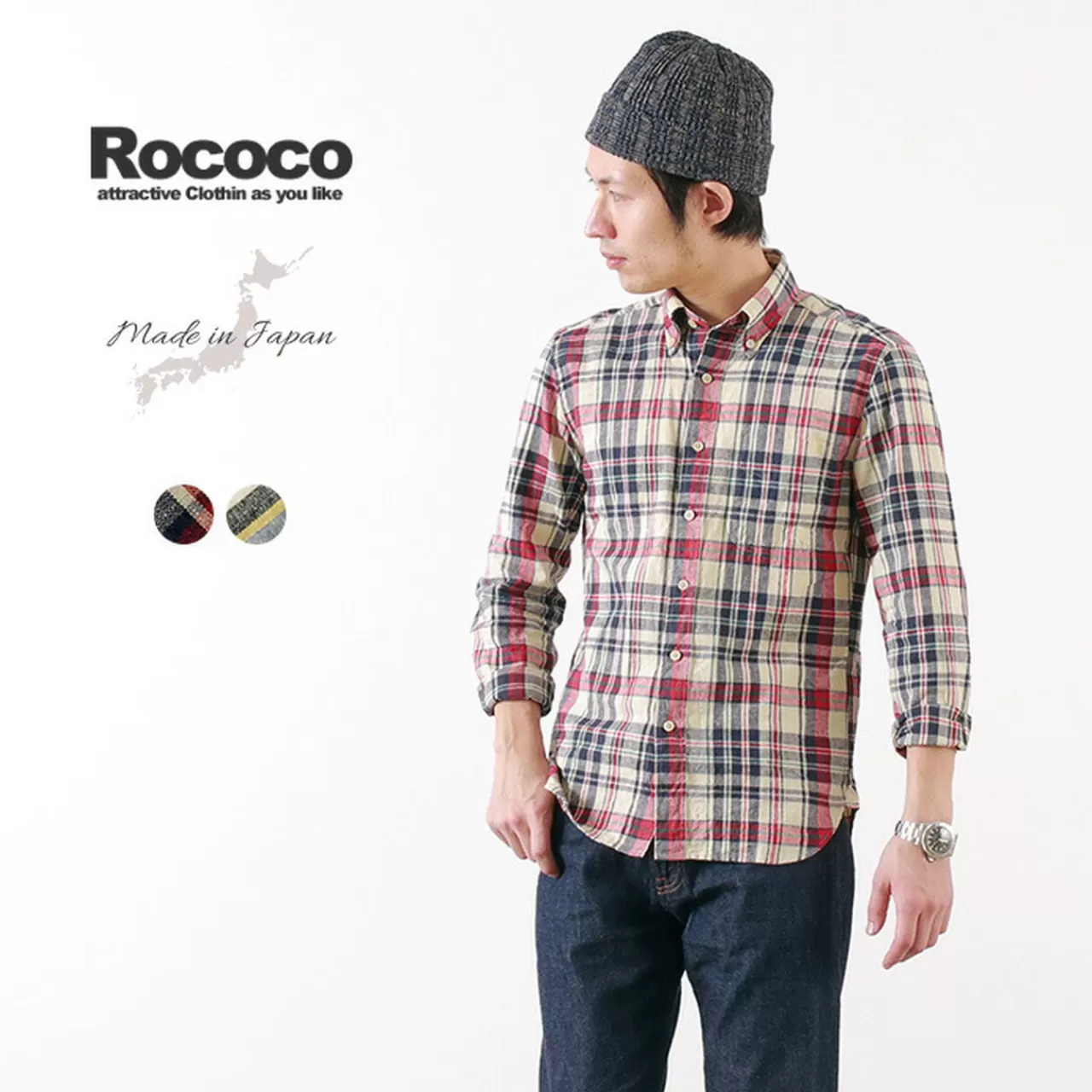 ROCOCO Long Sleeves>Linen Cotton Check Button Down Shirt