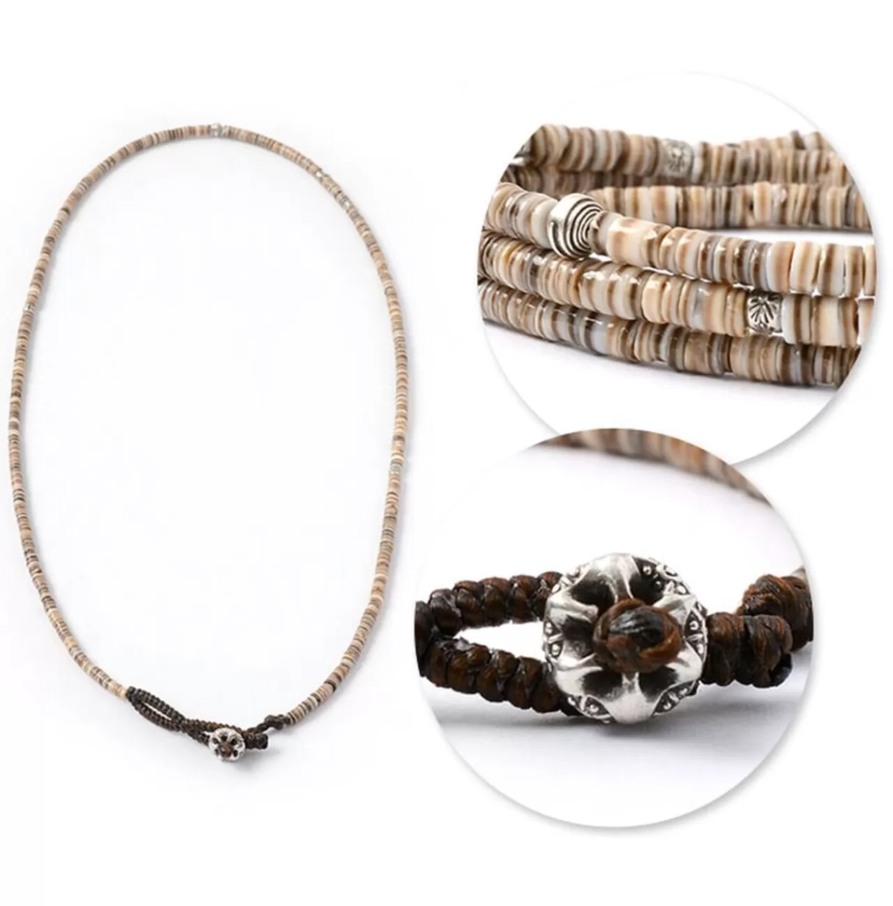 PHADUA Anklets>Shell Beaded Waxed Cord 3 Way Accessory Brown
