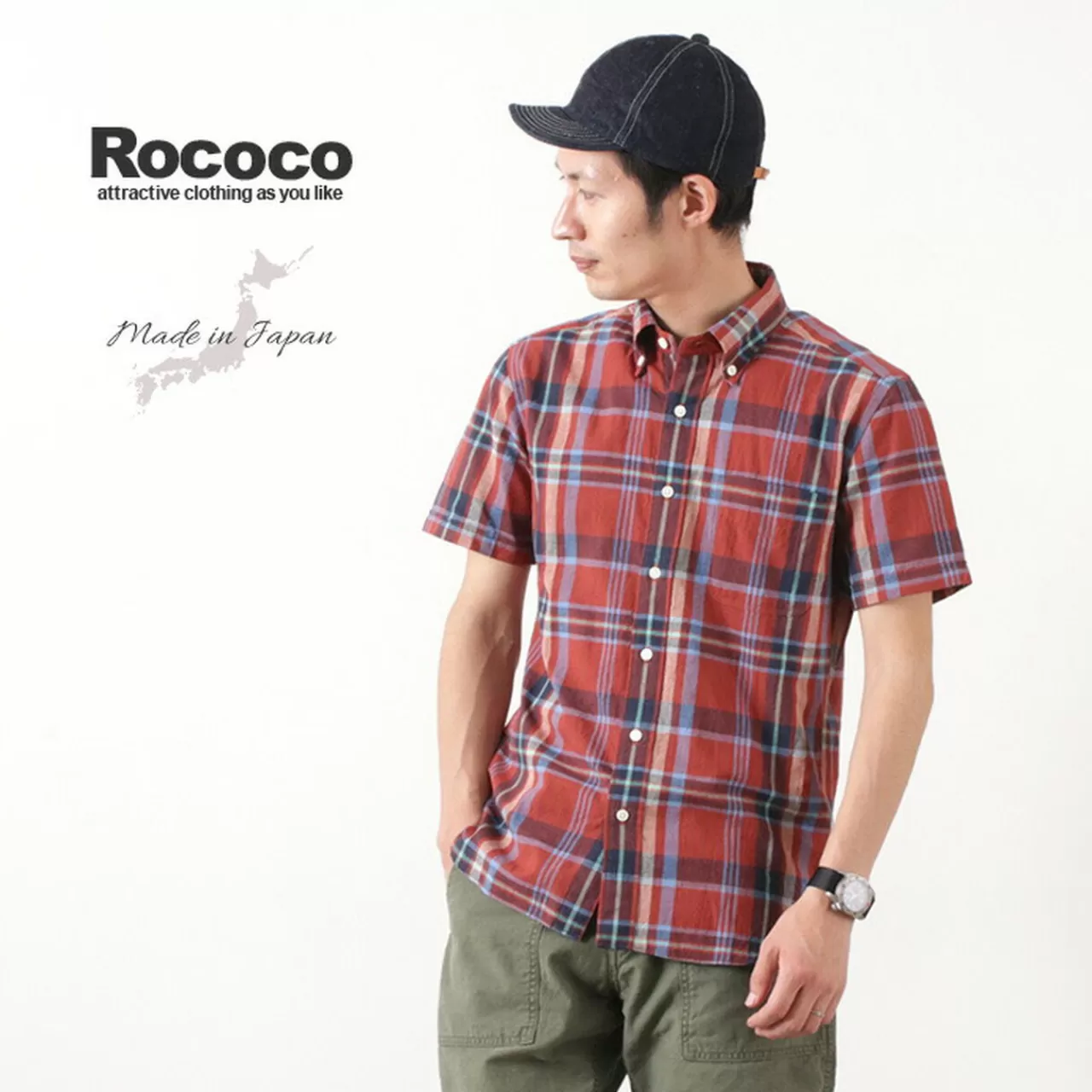 ROCOCO Short Sleeves>Short Sleeved Cotton Linen Lamy Madras Check Button Down Shirt Red
