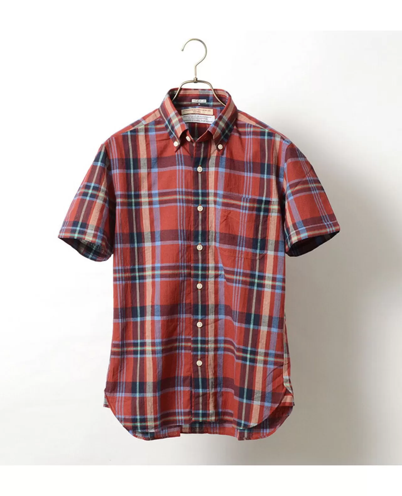 ROCOCO Short Sleeves>Short Sleeved Cotton Linen Lamy Madras Check Button Down Shirt Red