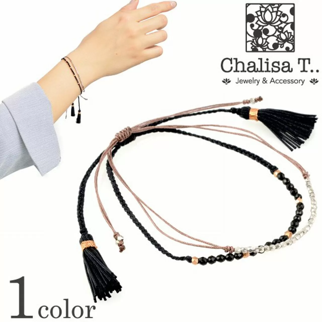 CHALISA T.. Bracelets>Stone Silver Bead Combination Knotted Cord Bracelet Black_Champagnegold