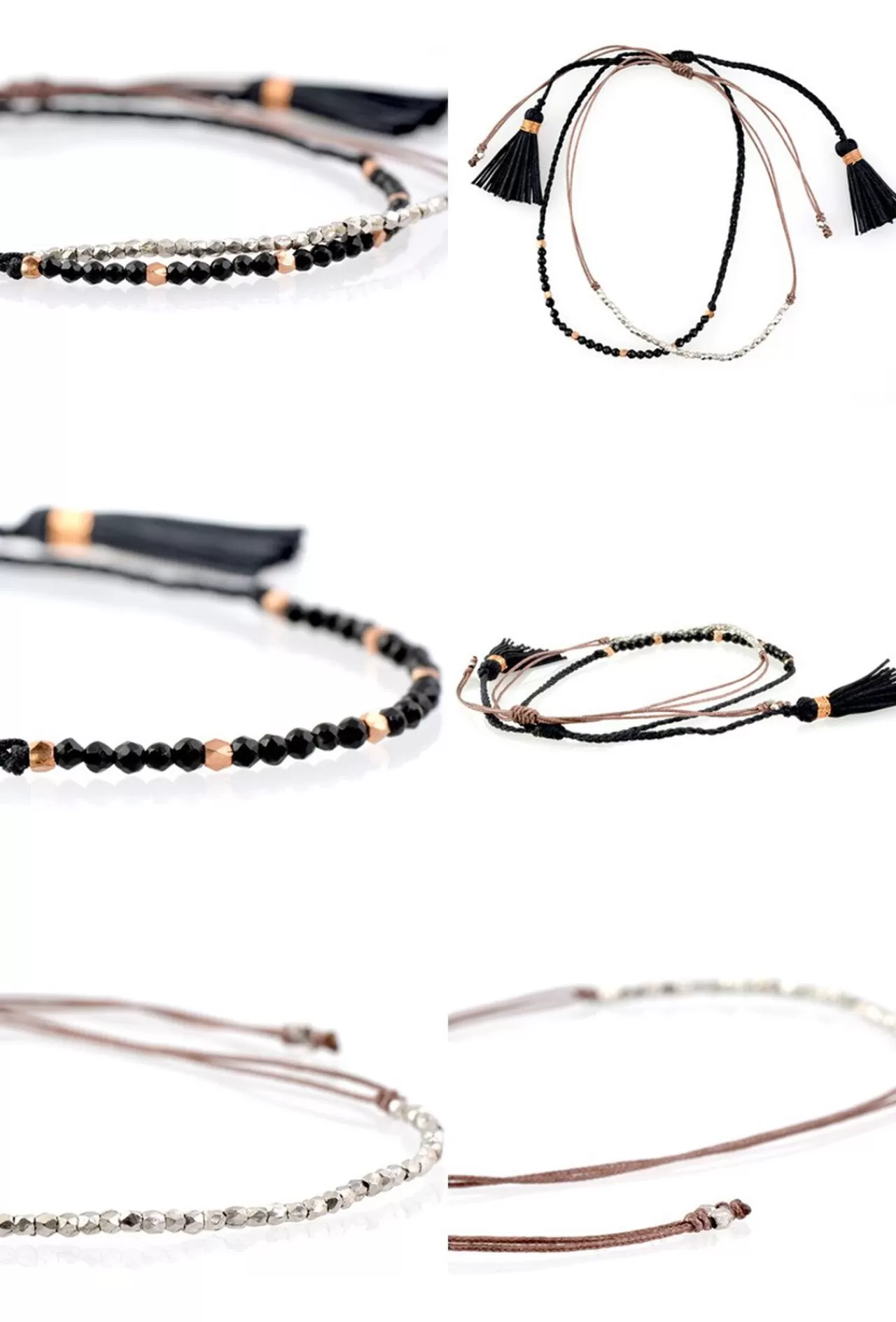 CHALISA T.. Bracelets>Stone Silver Bead Combination Knotted Cord Bracelet Black_Champagnegold