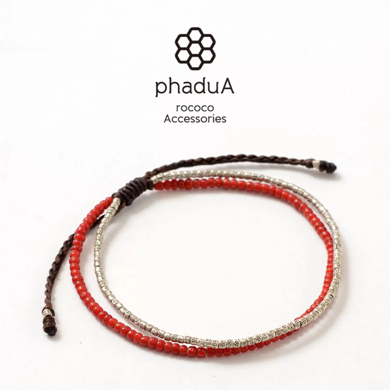PHADUA Anklets>Two Strands Waxed Cord Anklet (White Heart/Silver) Red