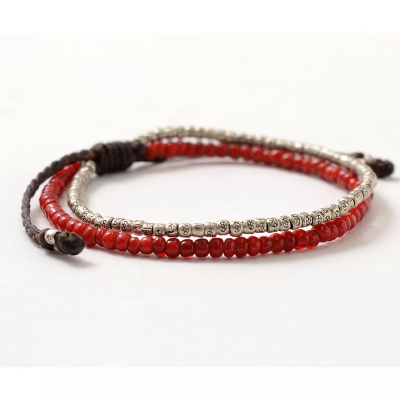 PHADUA Anklets>Two Strands Waxed Cord Anklet (White Heart/Silver) Red