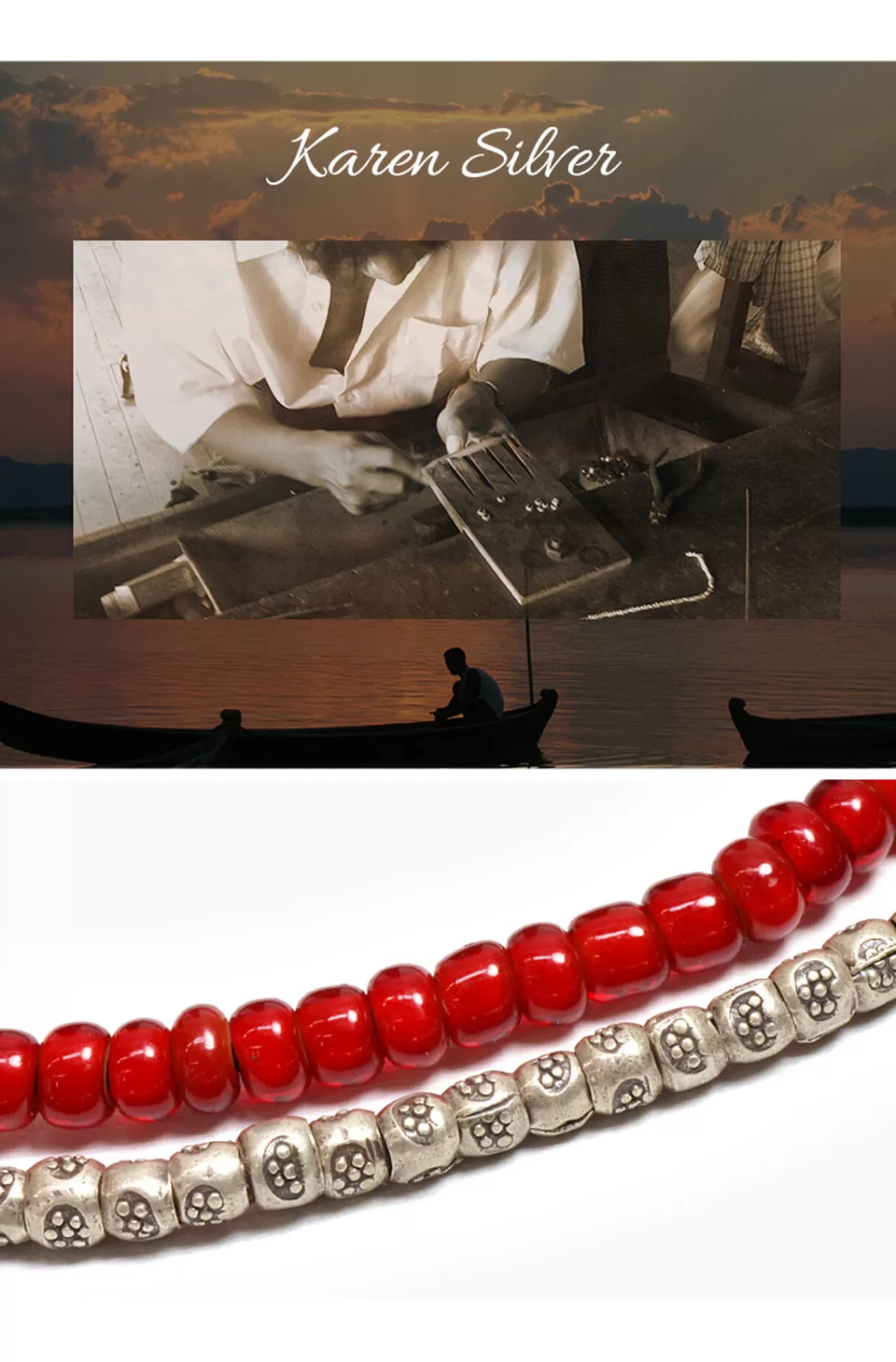 PHADUA Anklets>Two Strands Waxed Cord Anklet (White Heart/Silver) Red