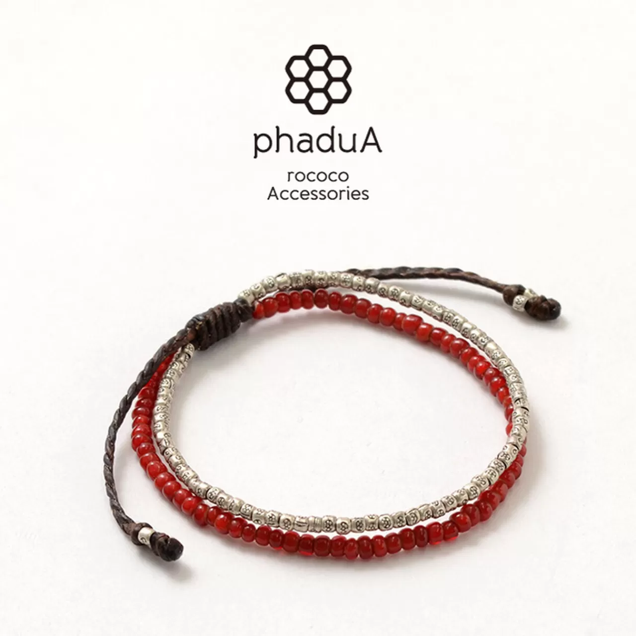 PHADUA Bracelets>Two Strands Waxed Cord Bracelet (White Heart/Silver) Red