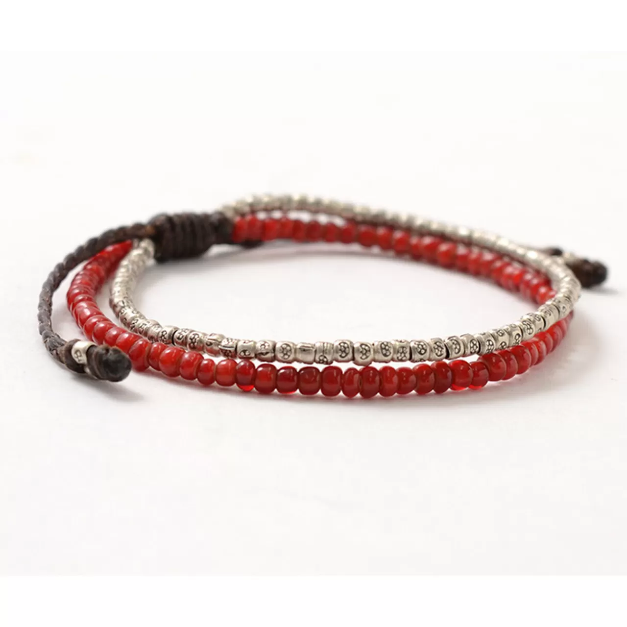 PHADUA Bracelets>Two Strands Waxed Cord Bracelet (White Heart/Silver) Red